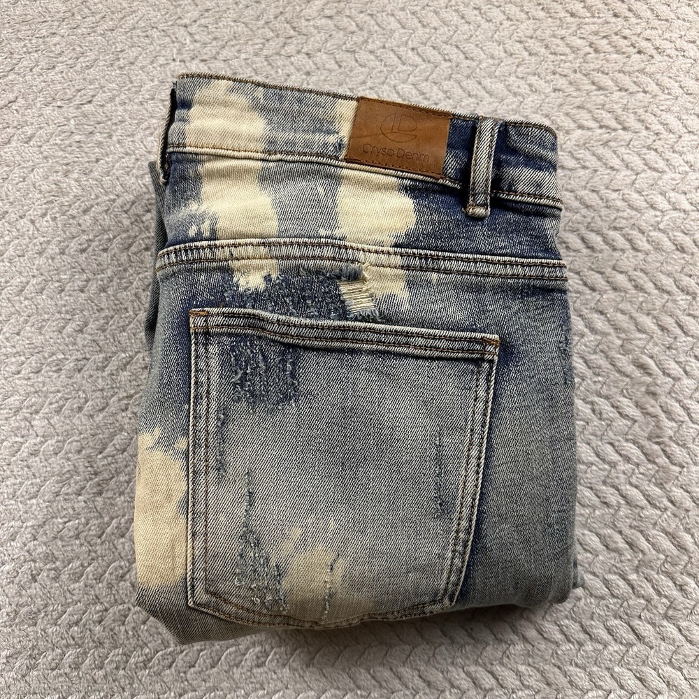 Crysp Denim Mens Jeans 34x34 Distressed Bleach Splatter Graffiti Moto Style Rock - Picture 9 of 15